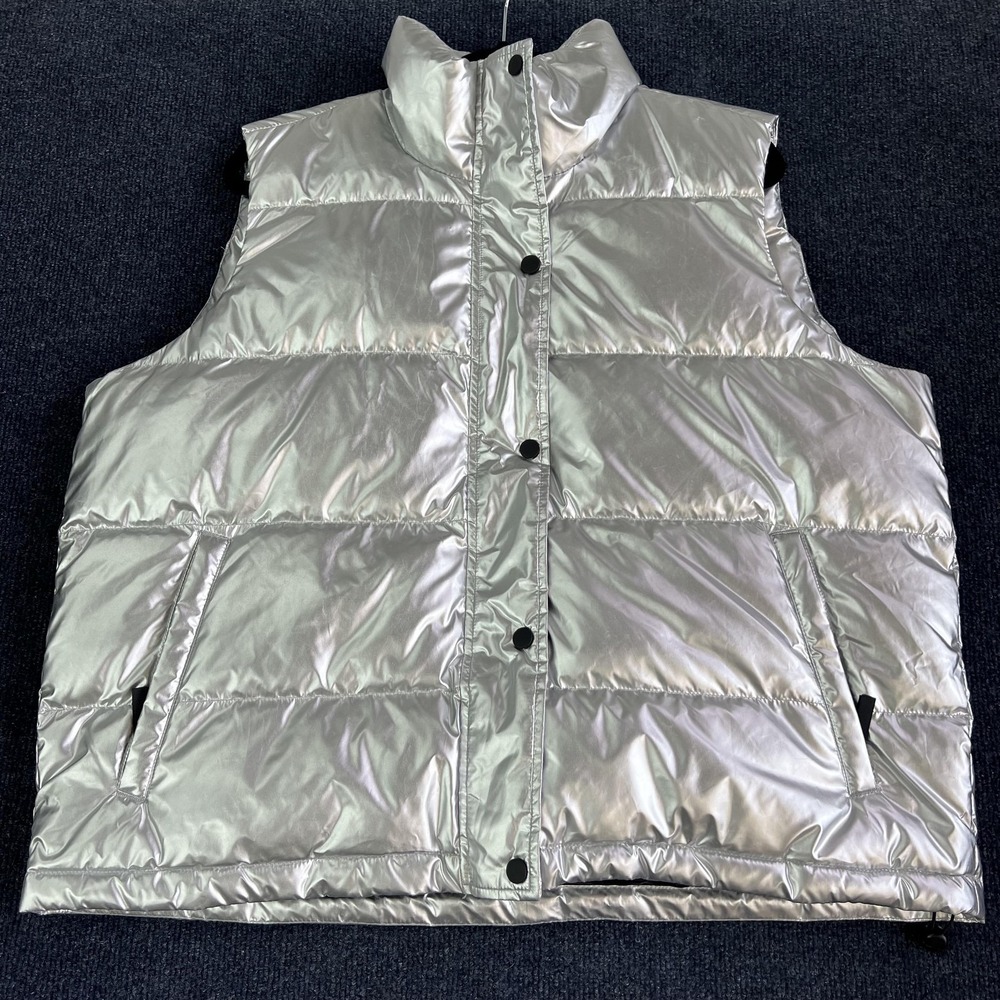Lands' End Vest Women Large 14/16 Silver Puffer Down Full Zip Insulated Metallic